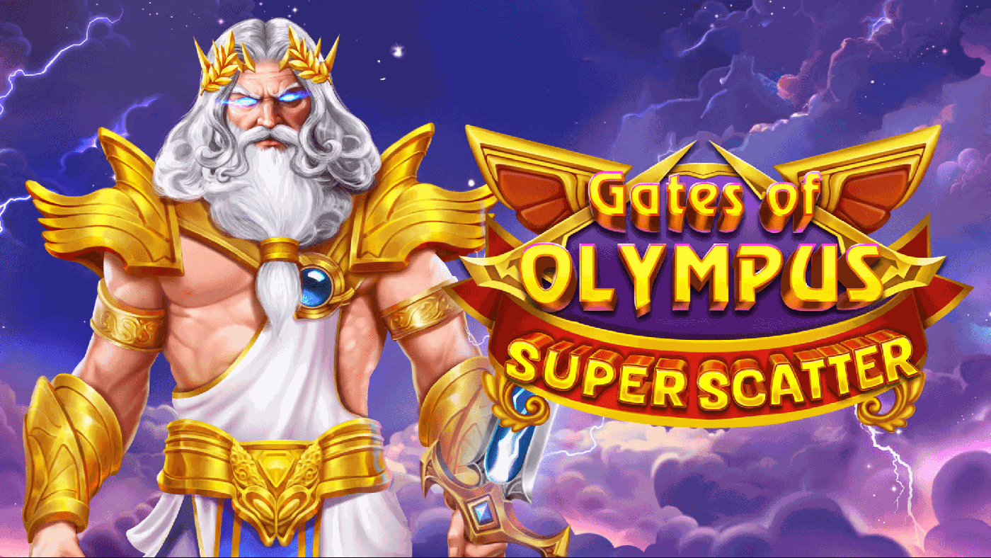 Zeus thront golden gepanzert im Wolkenhimmel von Gates of Olympus Super Scatter, umgeben von Rubinen, Saphiren und dem Scatter-Symbol des Slots
