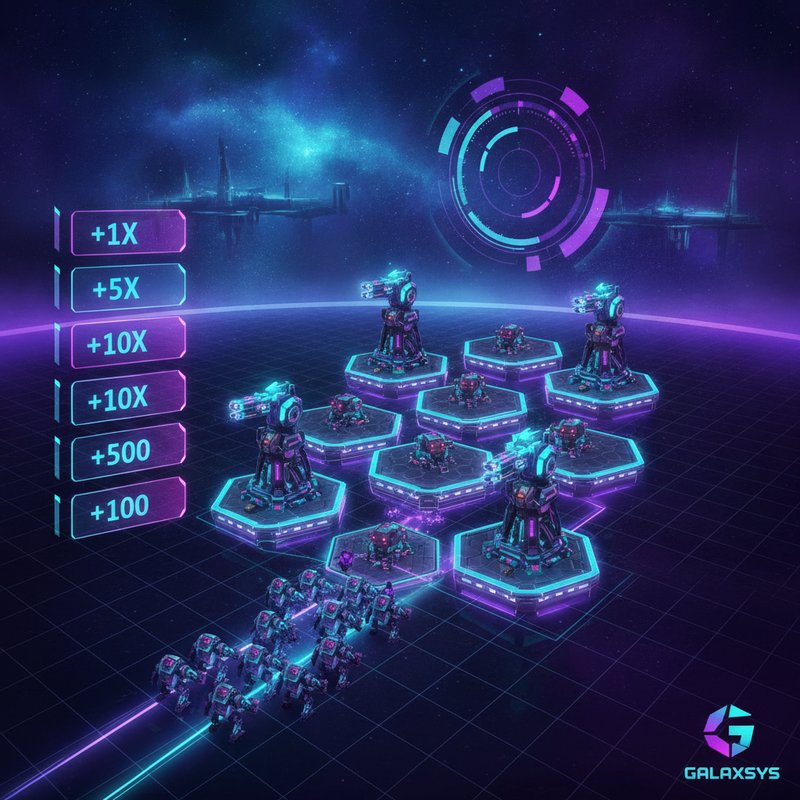 Tower Rush Slot von Galaxsys - Strategisches Verteidigungsspiel mit mehreren Turm-Ebenen, Multiplikatoren und taktischem Gameplay auf futuristischem Schlachtfeld